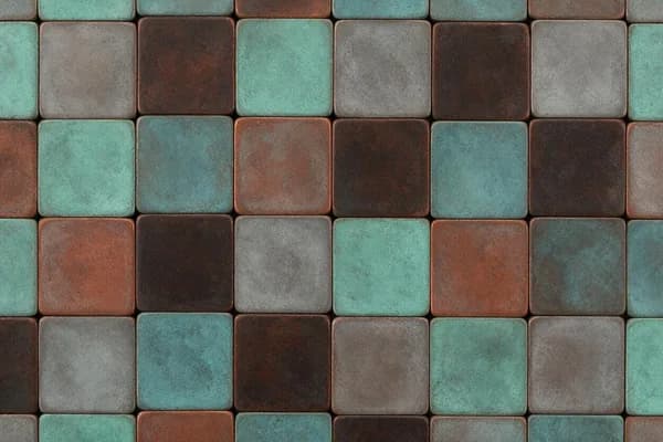 Reference plate: a grid of oxidised copper and verdigris colour chips