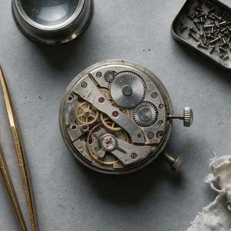 Overhead flat lay of a watchmaker's bench with a disassembled movement