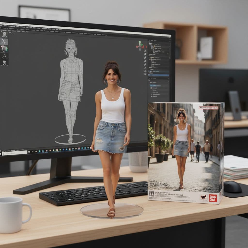 Before — Produce a 1/7th scale commercialized figure of the illustrated character, featuring a lifelike sculpt and immersive setting. Position the figure on an office computer desk, mounted on a circular, clear acrylic stand devoid of any lettering. The computer monitor displays the digital sculpting progression of the figure within ZBrush. Adjacent to the monitor, place a Bandai-characteristic toy package box printed with the original illustration.