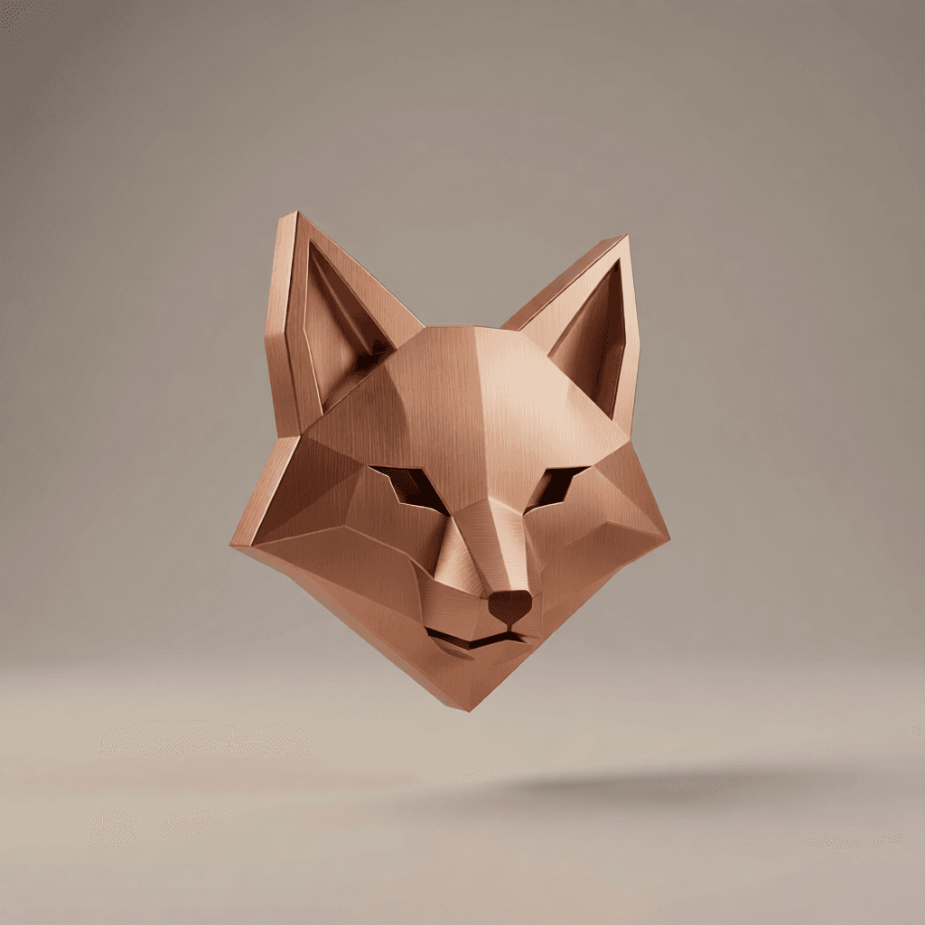 Same fox logo rendered as brushed copper 3D mark