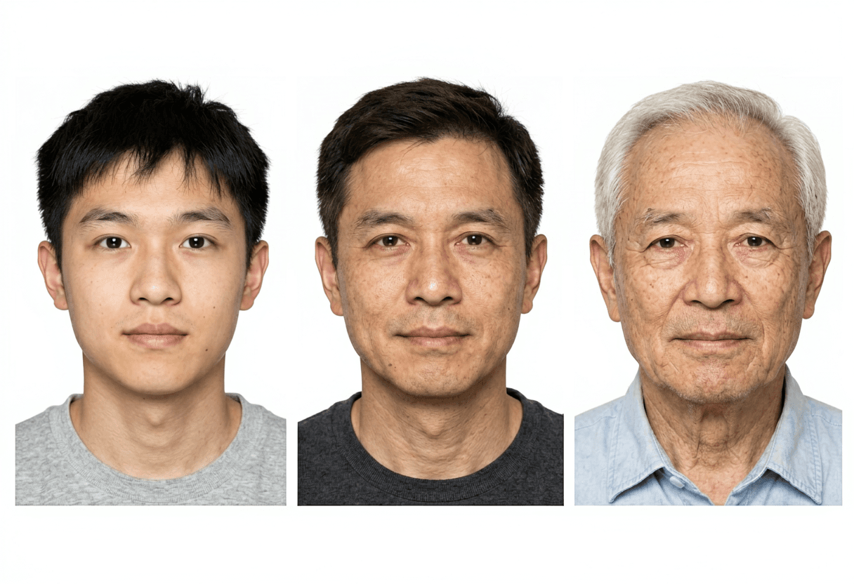 Creative ai age checker timeline showing one identity at three imagined ages
