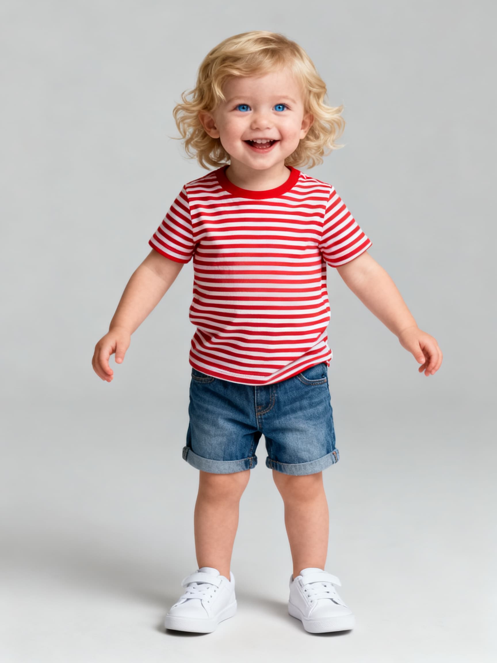 Input photo for AI Baby Dance: a full-body toddler portrait on a plain background