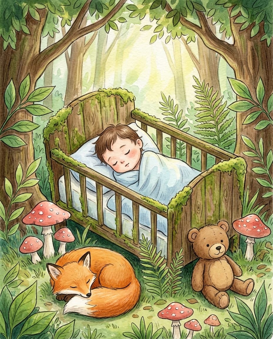 Clearly illustrated fictional baby character in a woodland nursery