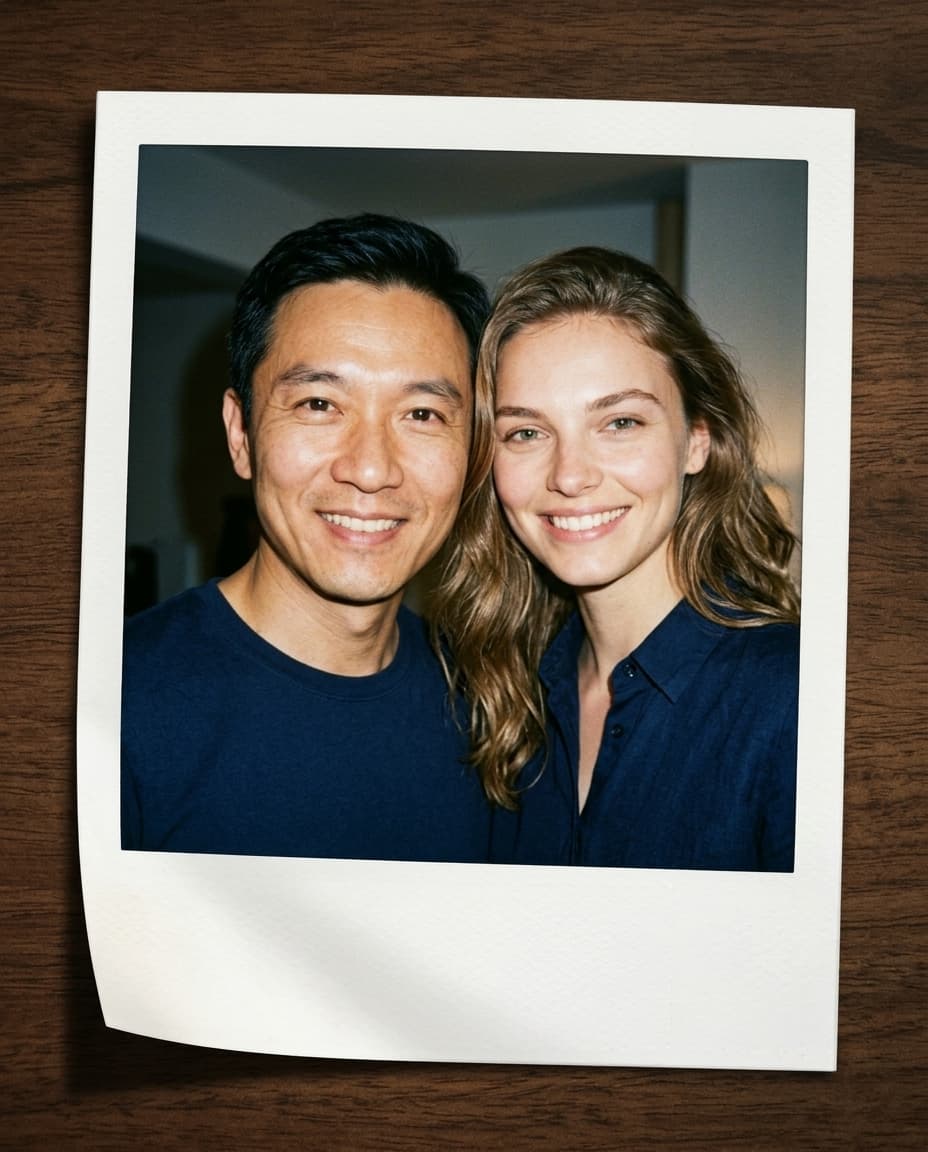 The two fictional adults composed into one AI instant-film photograph