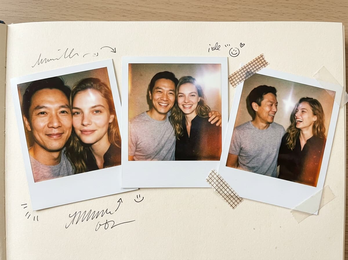 The two fictional adults arranged in an AI instant-film scrapbook