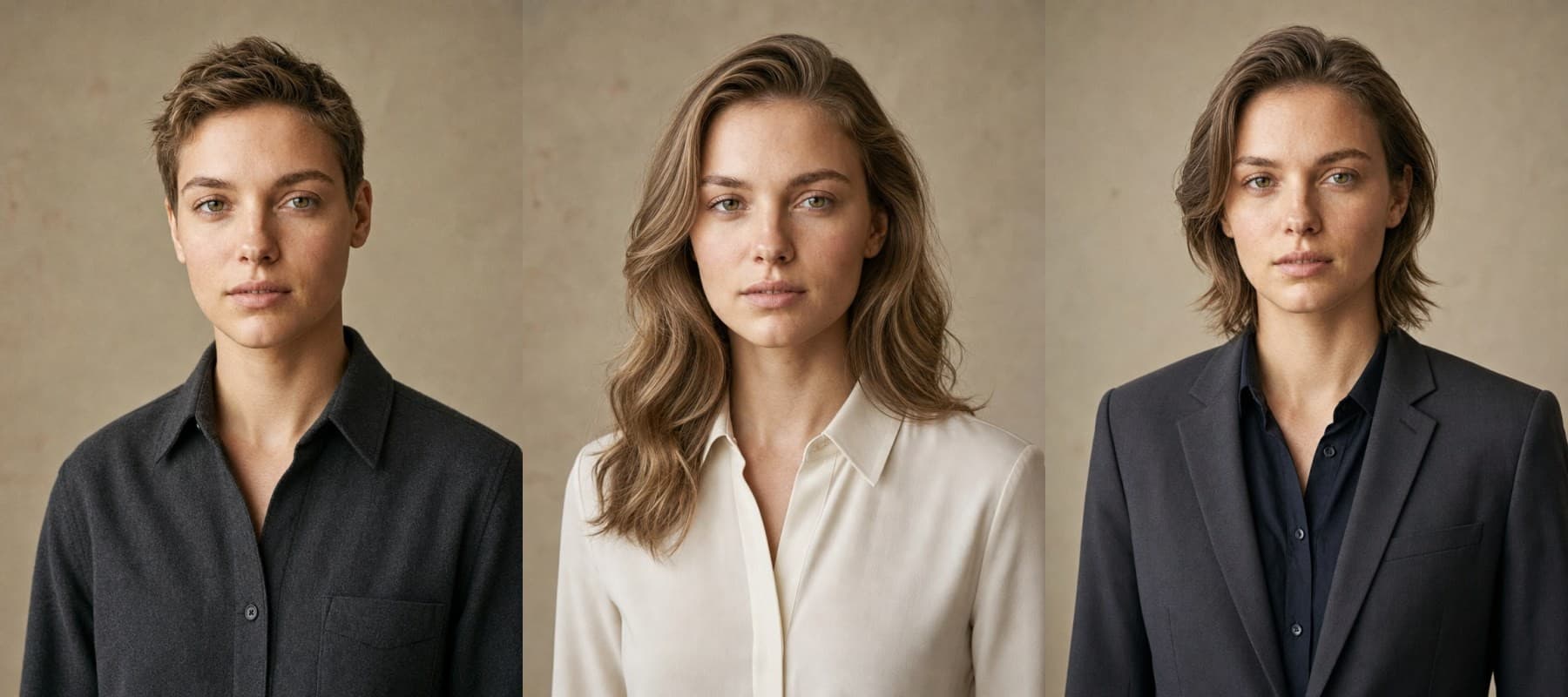 Three styling variations of the same fictional adult showing masculine, feminine, and androgynous presentation