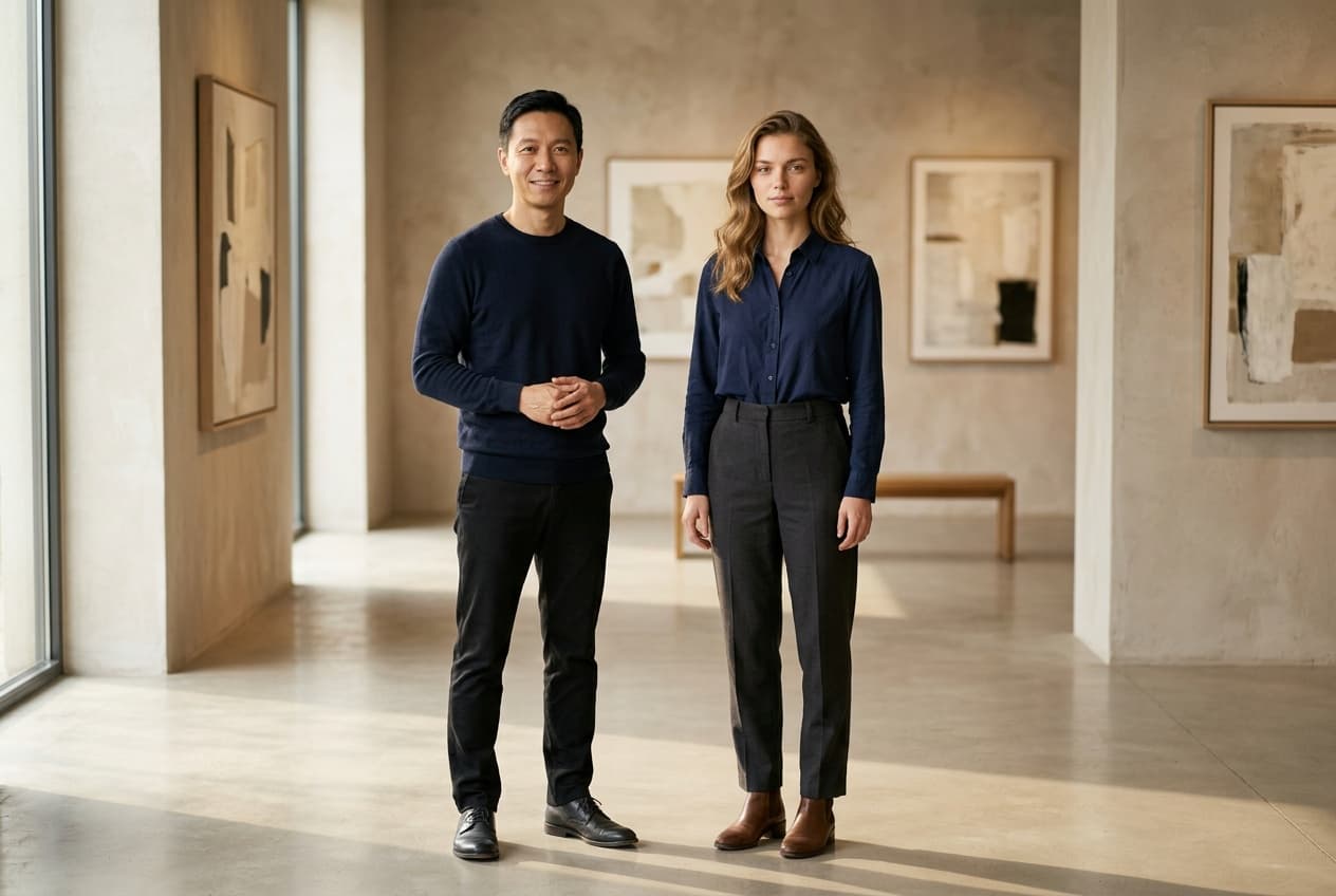 The two portrait references merged into one gallery group photograph