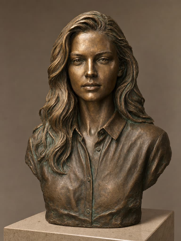 Same fictional portrait transformed into a patinated bronze bust