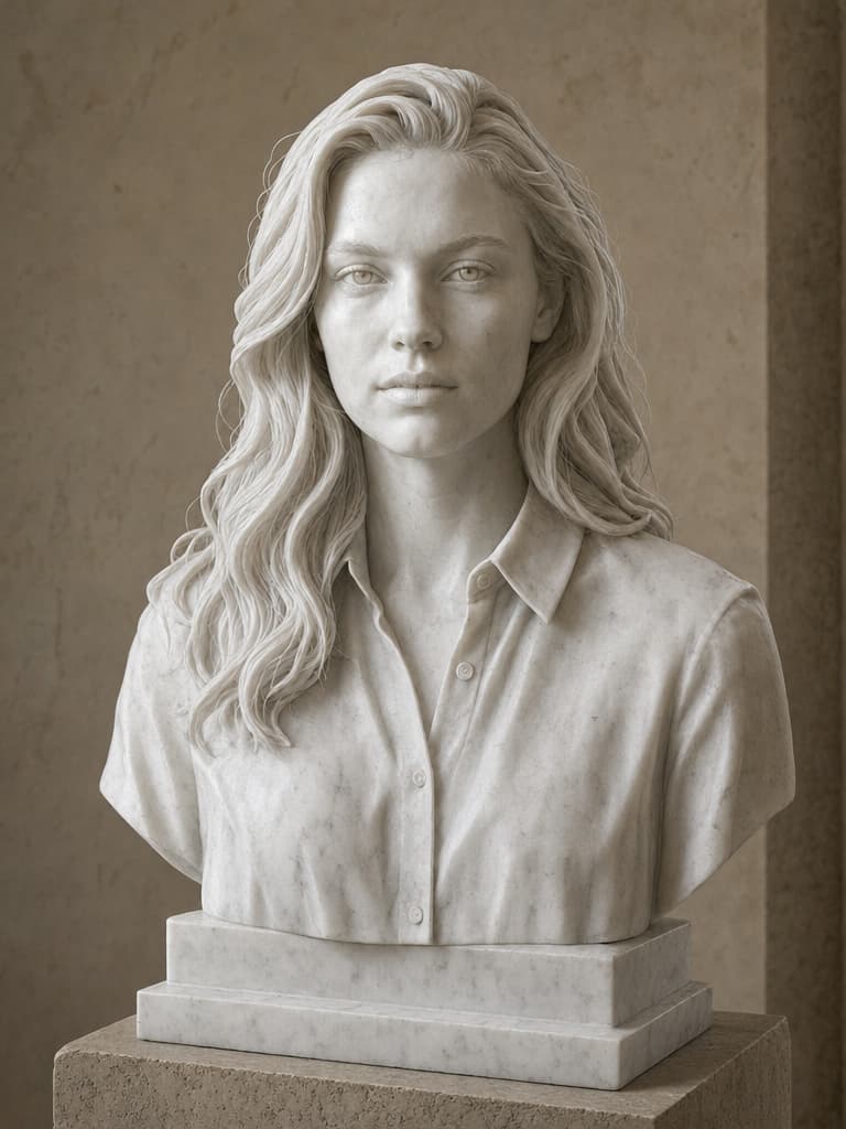 Same fictional portrait transformed into a Carrara marble bust