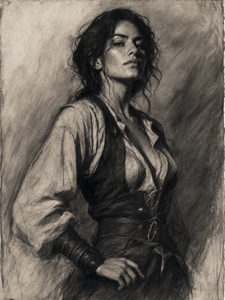 Original fictional companion portrait drawn in charcoal