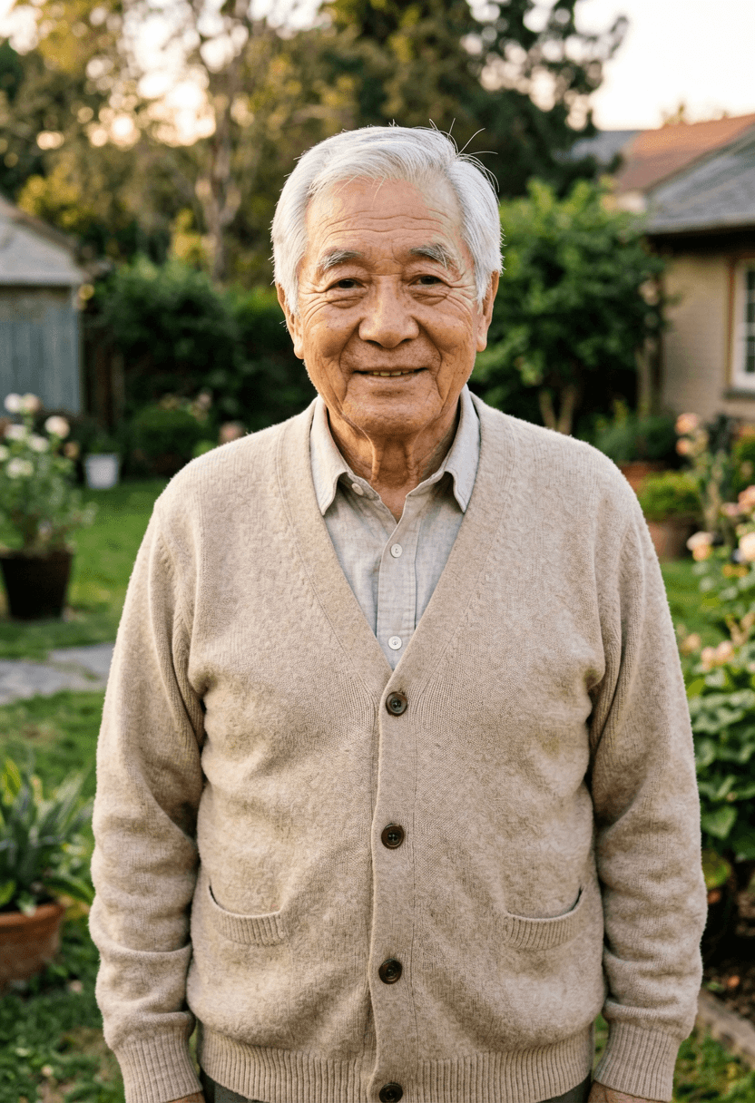 Input photo: elderly man in his garden, before the ai tiger hug