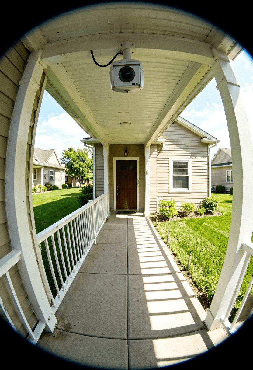 Doorbell ai mouth POV: generated fisheye doorbell camera view of a porch
