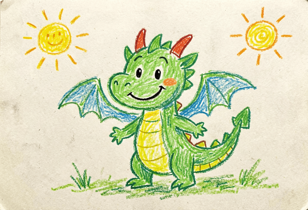 Crayon drawing of a friendly dragon before draw to video animation