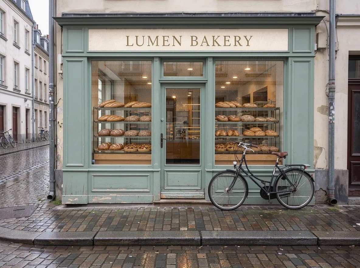 FLUX 3 Image edit: the same storefront with LUMEN BAKERY in gold serif letters, full bread shelves and wet cobblestones