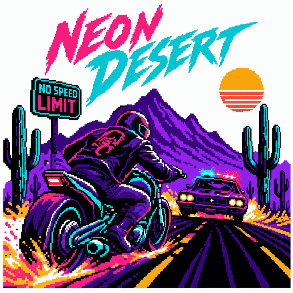 Retro pixel poster — neon desert chase — GPT Image 2 prompt example