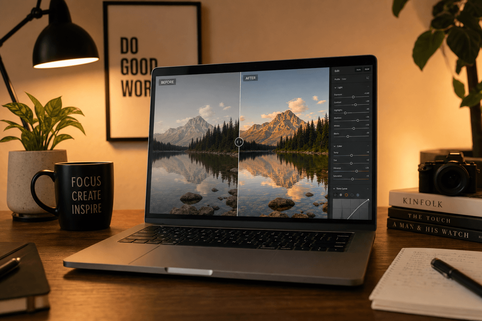 Before and after edit on laptop screen