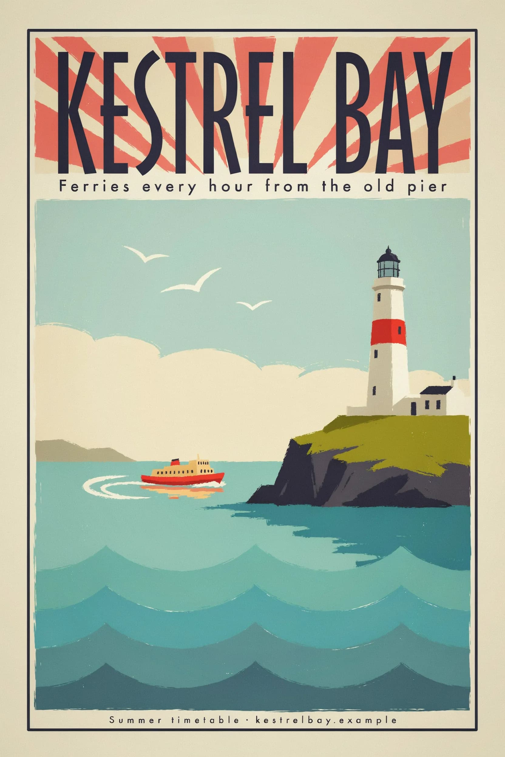Ideogram 4.5 low quality travel poster for Kestrel Bay