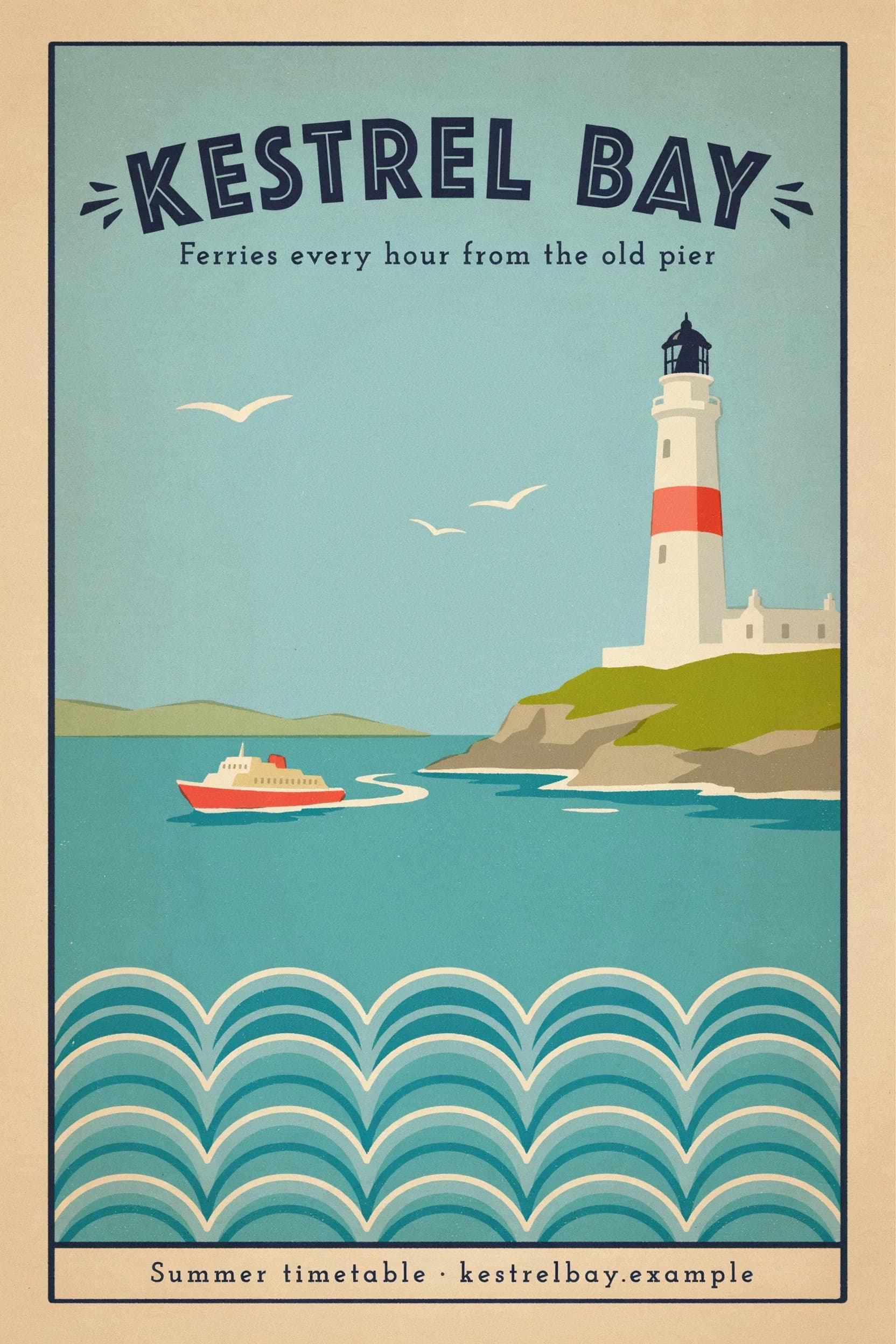 Ideogram 4.5 medium quality travel poster for Kestrel Bay
