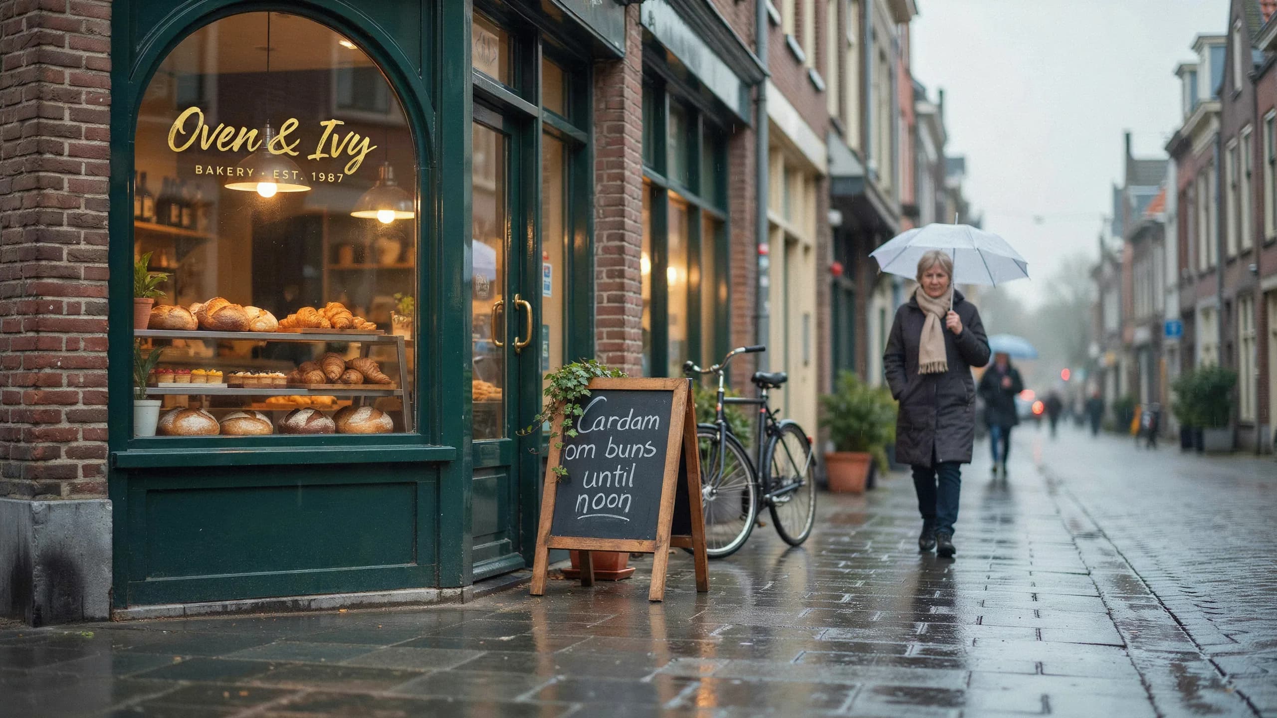Ideogram 4.5 edit sequence, edit 1: bakery storefront with a chalkboard sign