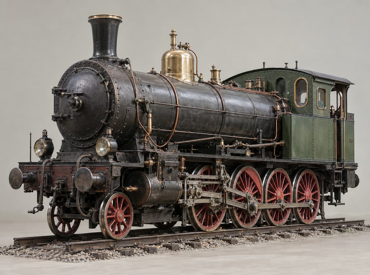 Reference photo — Reconstruct the steam locomotive in the reference photo as a detailed 3D asset with a short section of track: keep the boiler, smokebox, chimney, brass domes, green cab, wheel arrangement and red spoked wheels, and build coherent unseen sides with matching mechanical parts. No buildings, people, smoke, text or branding.