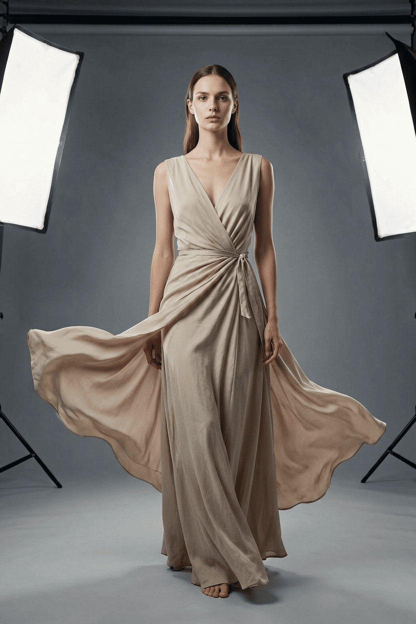 Fashion model in an ivory wrap dress inside a studio