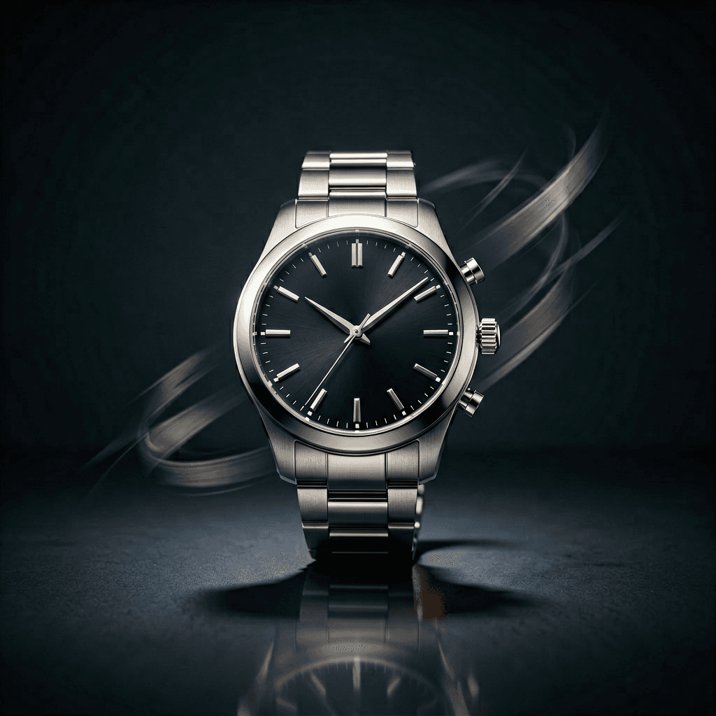 Black steel watch in a controlled studio product frame