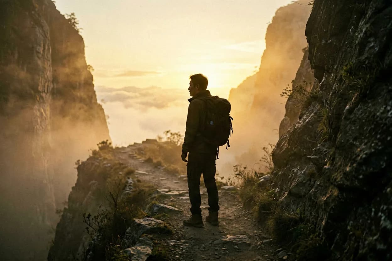 A hiker with a backpack stands on a narrow trail between misty canyon walls as the sun rises