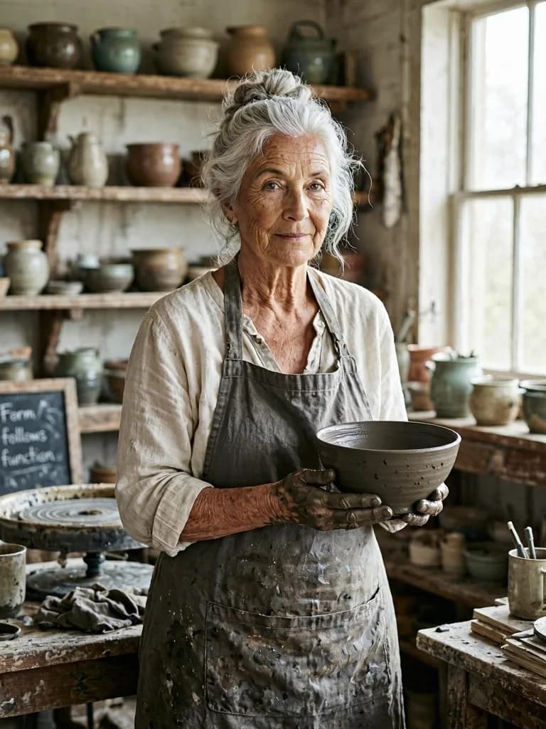 MAI Image 2.5 Pro editorial portrait of a fictional silver-haired ceramicist holding a clay bowl in her studio