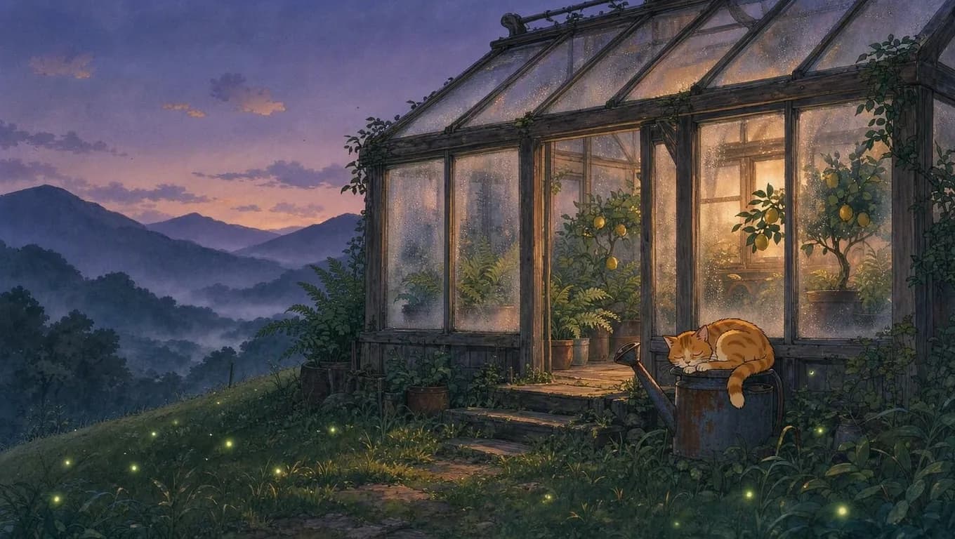 MAI Image 2.5 anime-style painting of a glowing greenhouse at dusk with a ginger cat asleep on a watering can