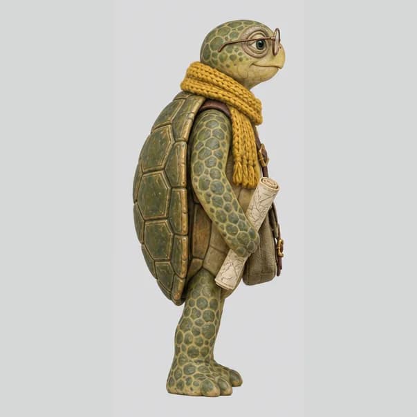 Side view of the turtle courier figurine used as Meshy 7 input