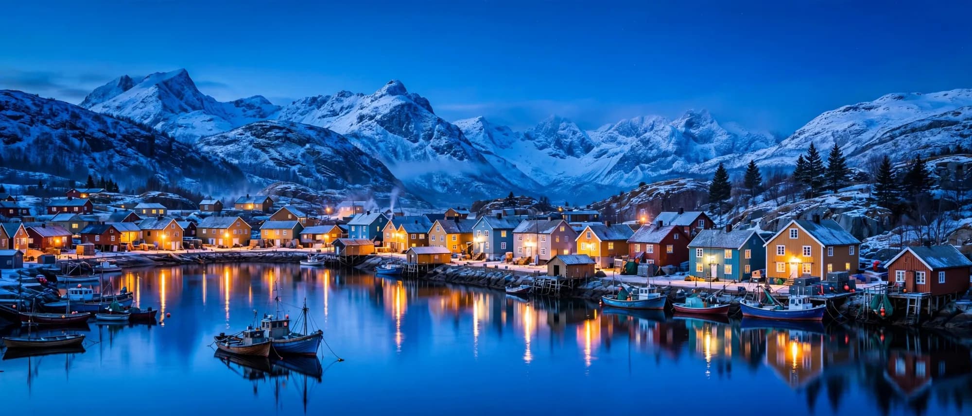 Muse Image 21:9 panorama of a fishing village with lit wooden houses and snowy mountains at blue hour