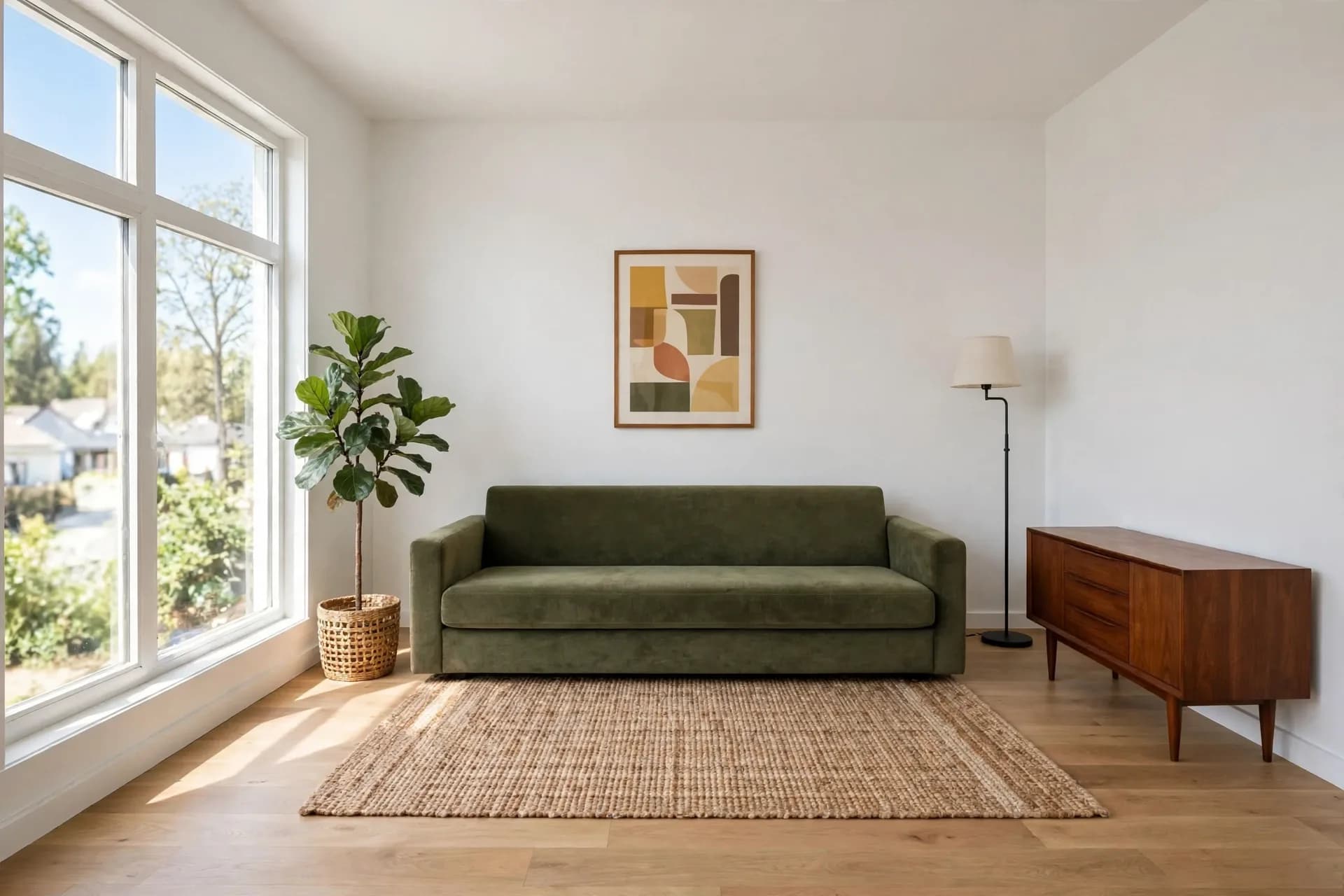 After the Muse Image edit: olive velvet sofa, walnut sideboard, woven rug, abstract print and fiddle-leaf fig