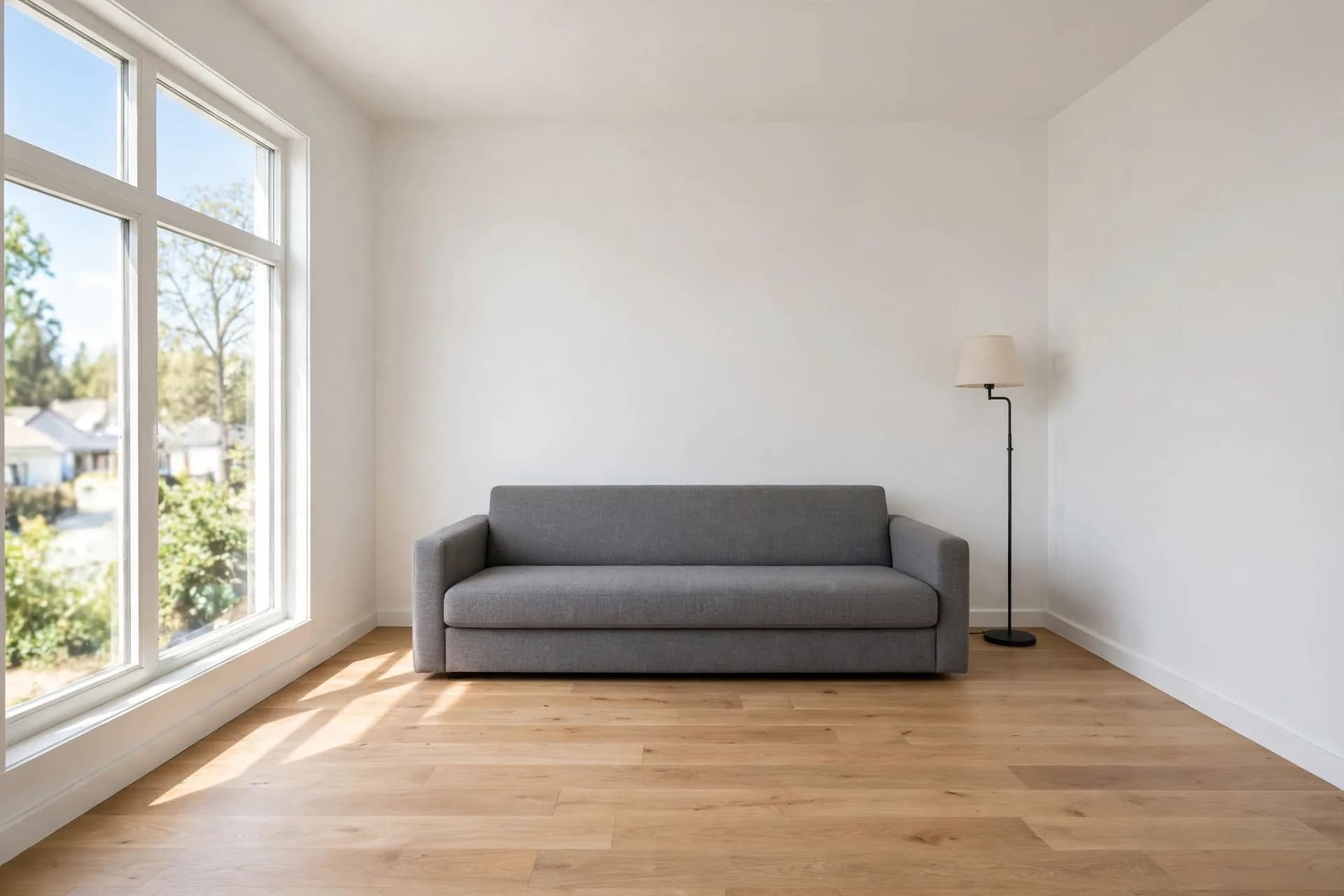 Before: a plain white living room with a grey sofa and a floor lamp