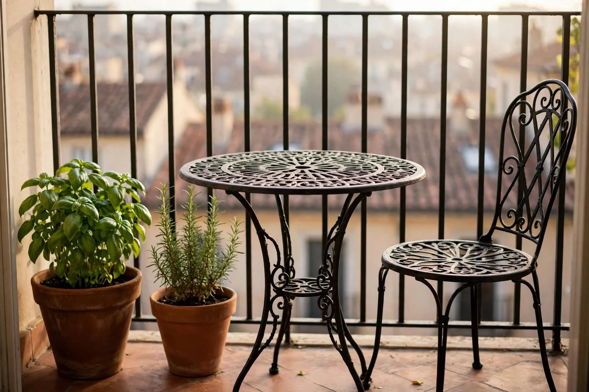 Reference 1: a sunny balcony with a wrought-iron bistro table, chair and herb pots