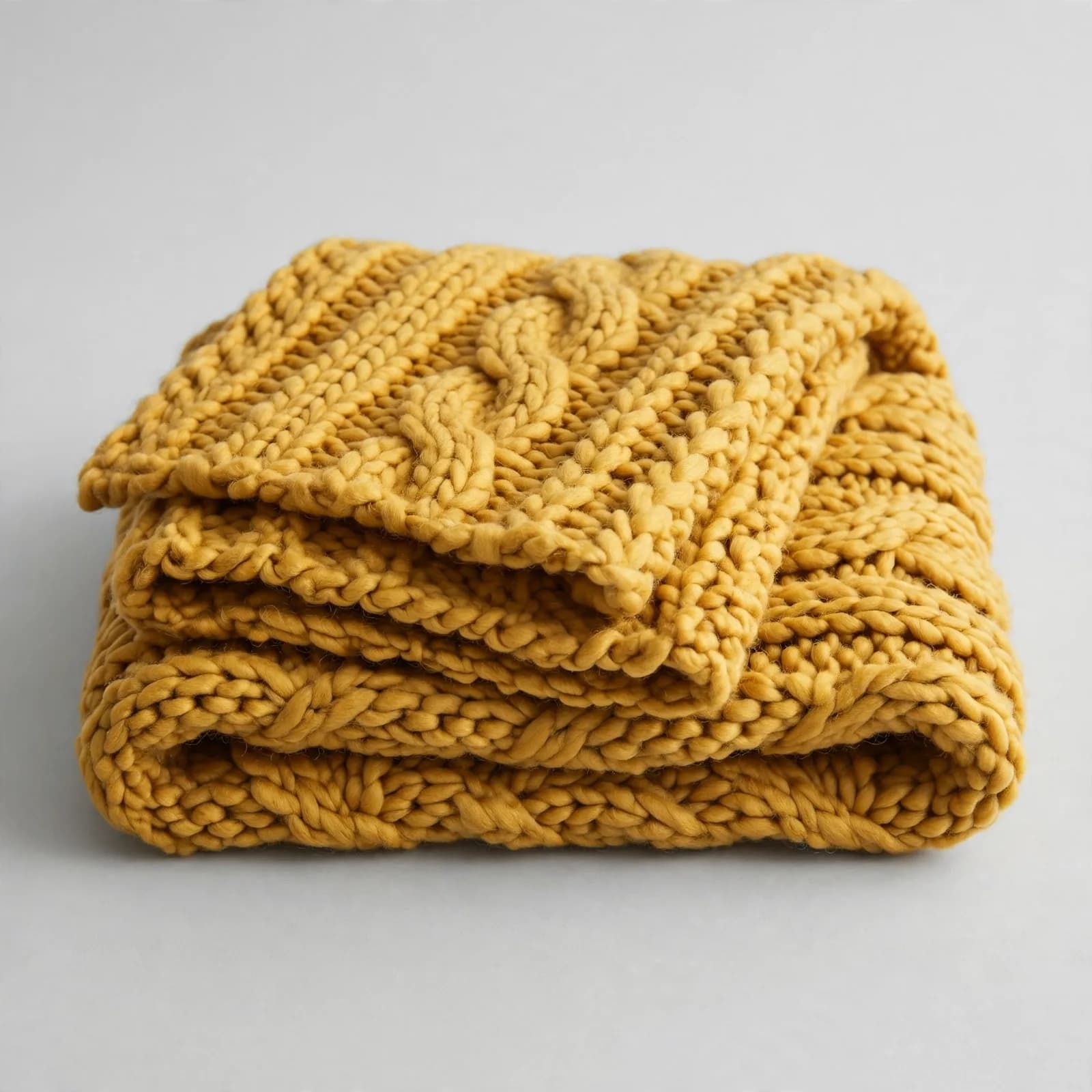 Reference 3: a folded mustard-yellow hand-knitted cable scarf