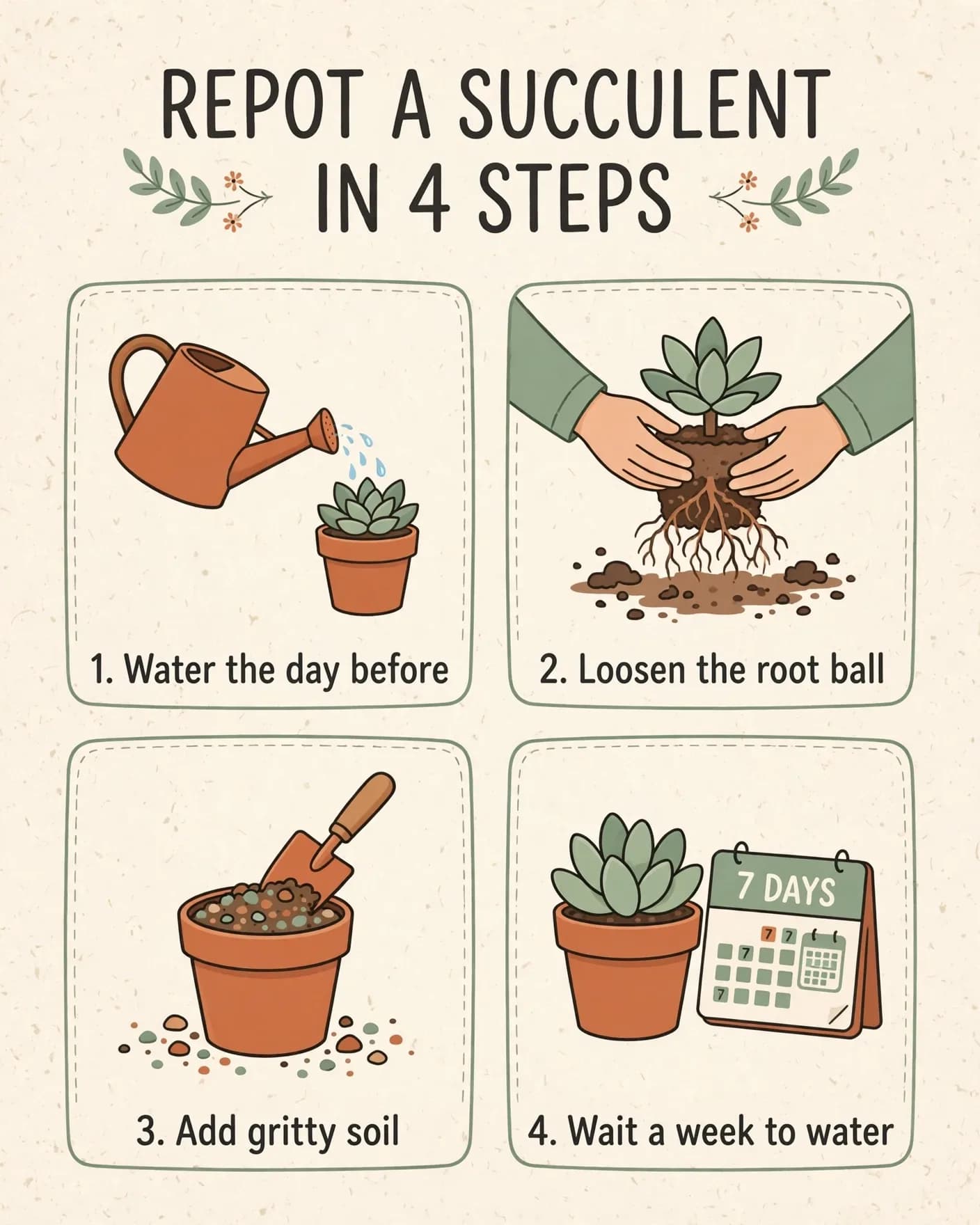 Muse Image how-to card titled REPOT A SUCCULENT IN 4 STEPS with four illustrated, captioned panels