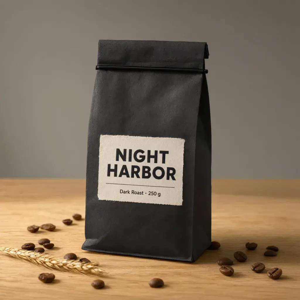 Qwen Image 3 edit: the same bag in matte black labelled NIGHT HARBOR, Dark Roast · 250 g, with beans and wheat unchanged