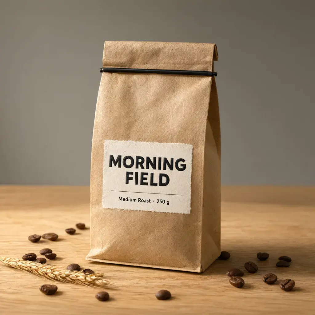 Qwen Image 3 source: kraft coffee bag labelled MORNING FIELD, Medium Roast · 250 g, on an oak table with beans and a wheat stalk