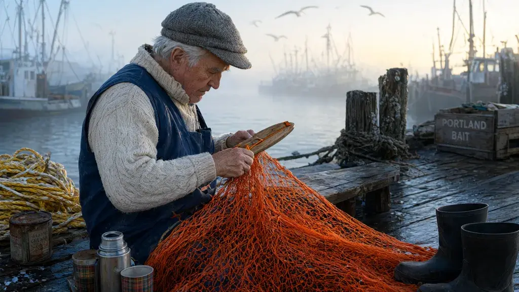 Qwen Image 3 source: an elderly fisherman mending an orange net on a wooden pier at dawn