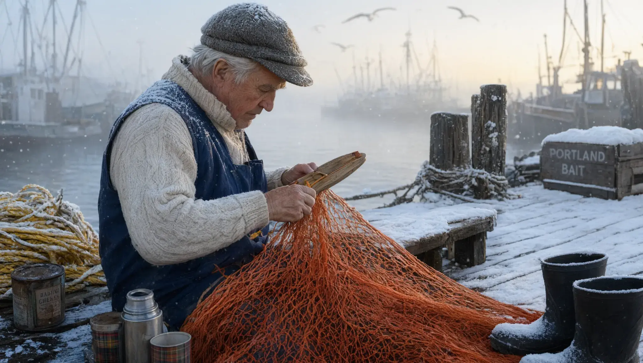 Qwen Image 3 edit: the elderly fisherman mending an orange net on a snow-covered pier with snow falling