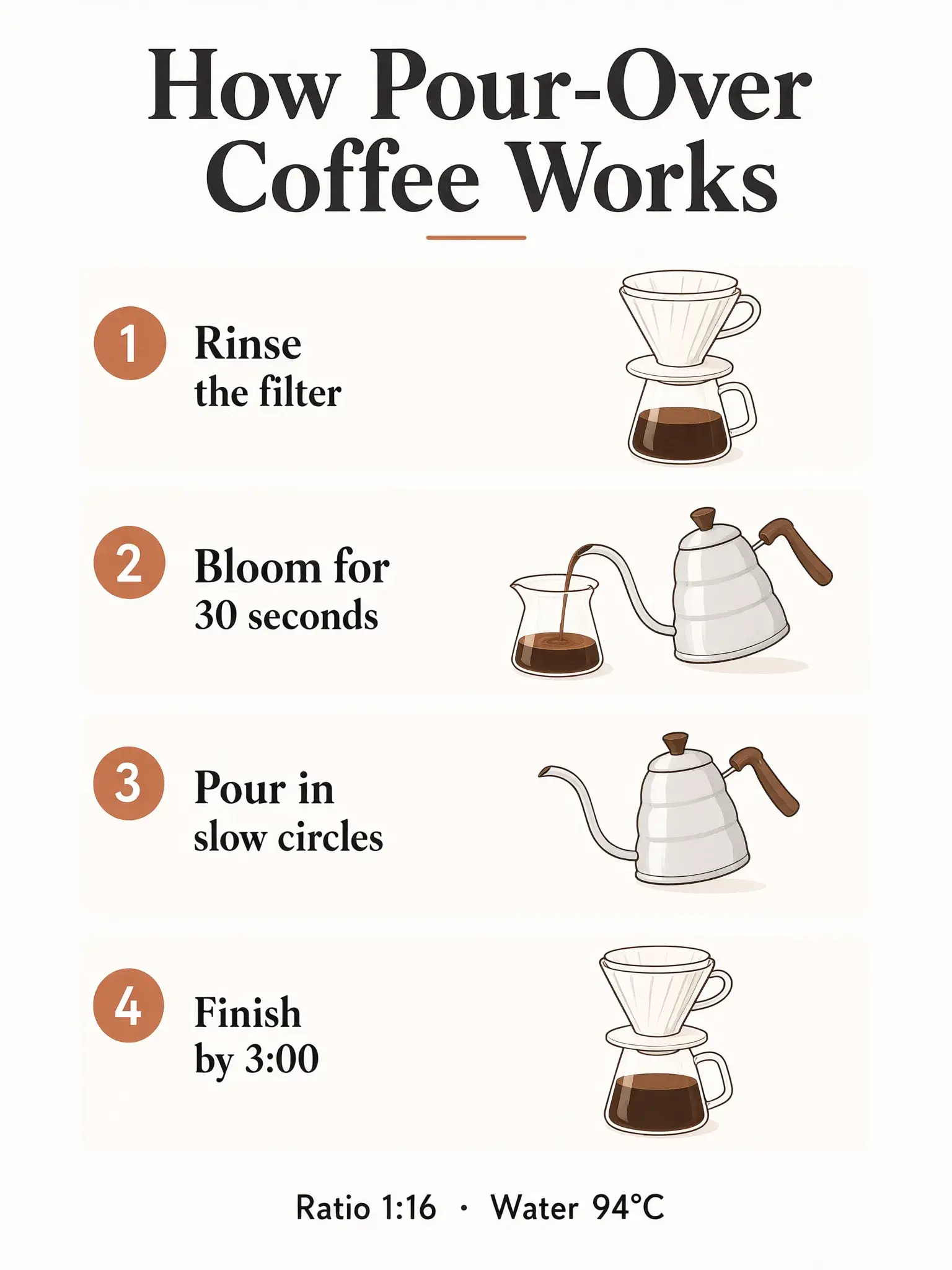 Qwen Image 3 infographic How Pour-Over Coffee Works with four numbered steps and the footer Ratio 1:16 · Water 94°C