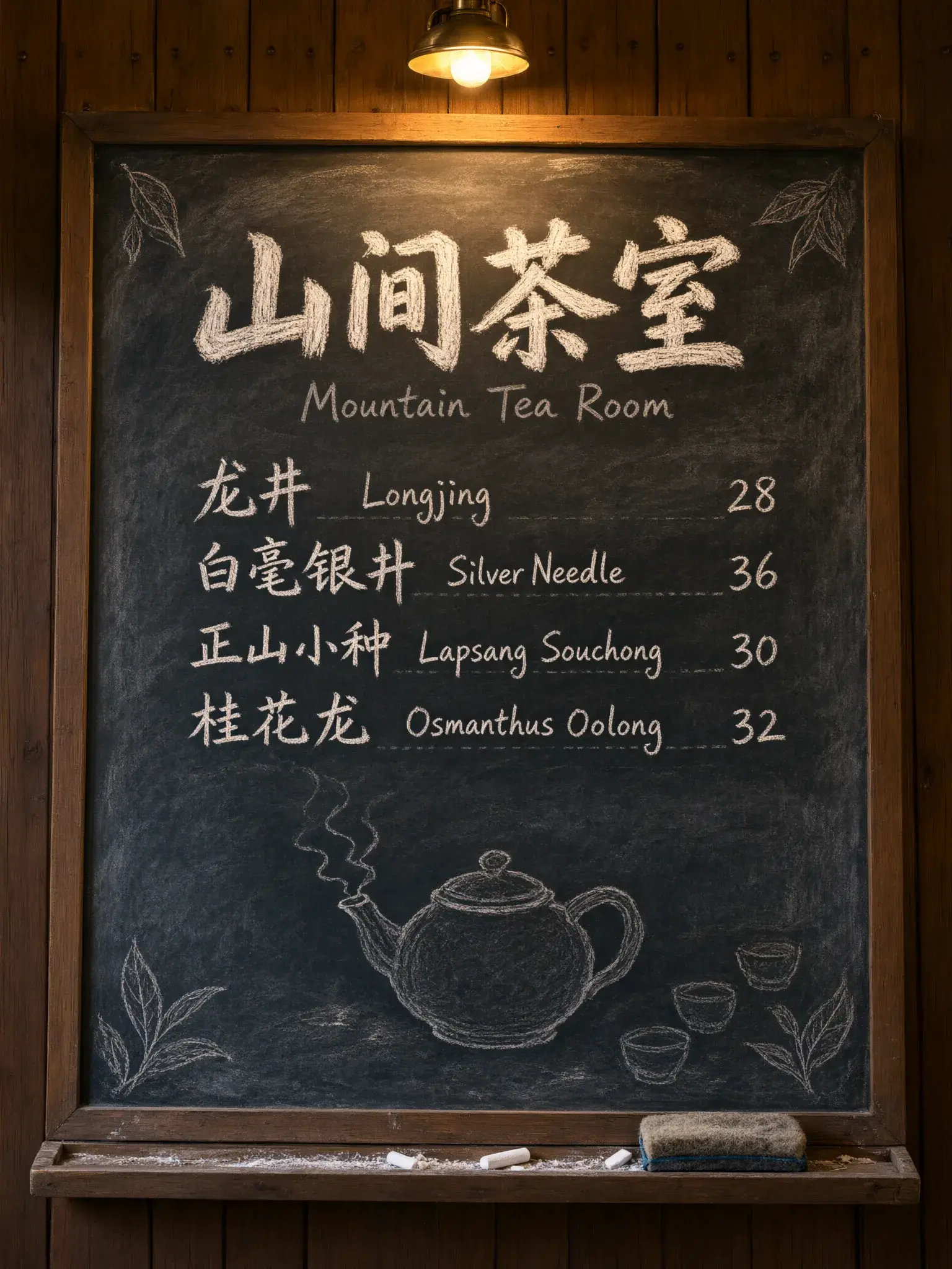 Qwen Image 3 chalkboard menu rendered with prompt expansion on, with an added chalk teapot and cups below the tea list