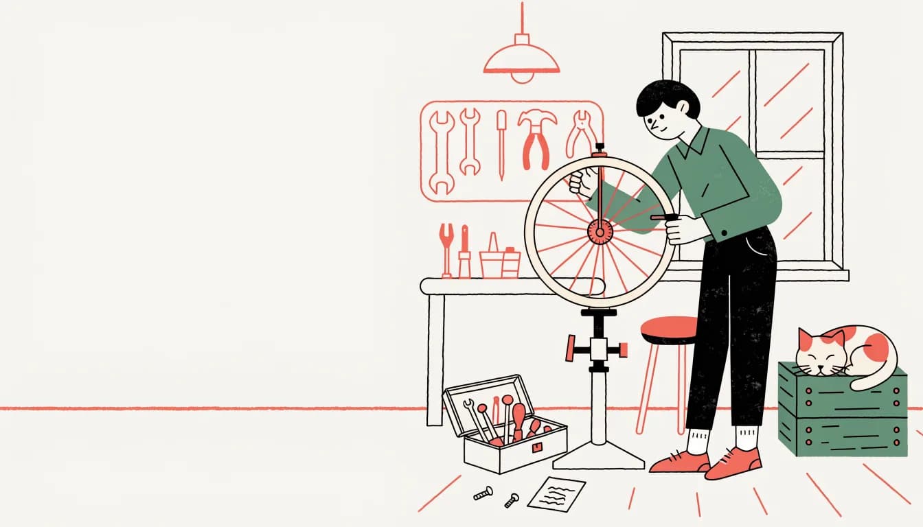 Recraft V4 flat editorial illustration of a bicycle mechanic truing a wheel