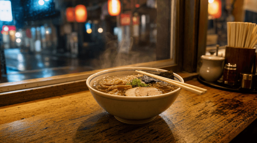 Source still of a steaming ramen bowl on a wooden counter