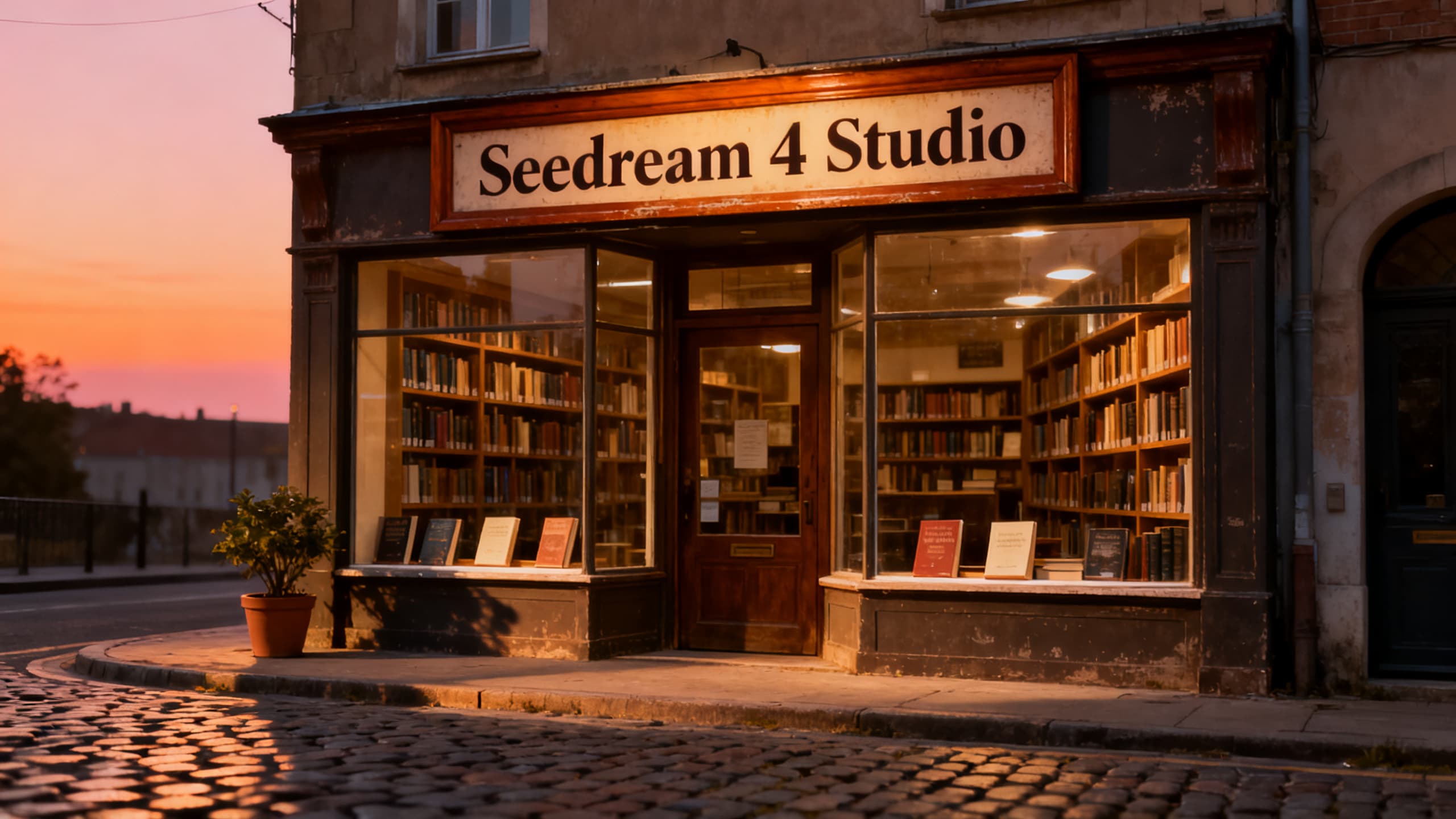 Bookstore storefront with readable Seedream 4 signage