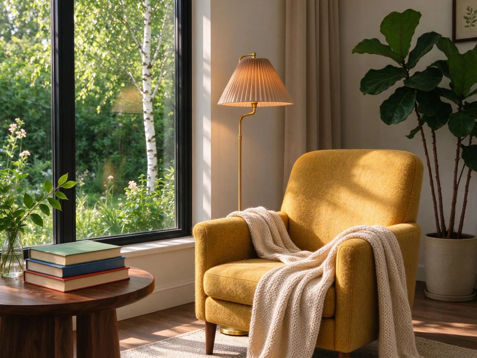 Before: a reading nook with a mustard armchair and a green summer garden outside the window