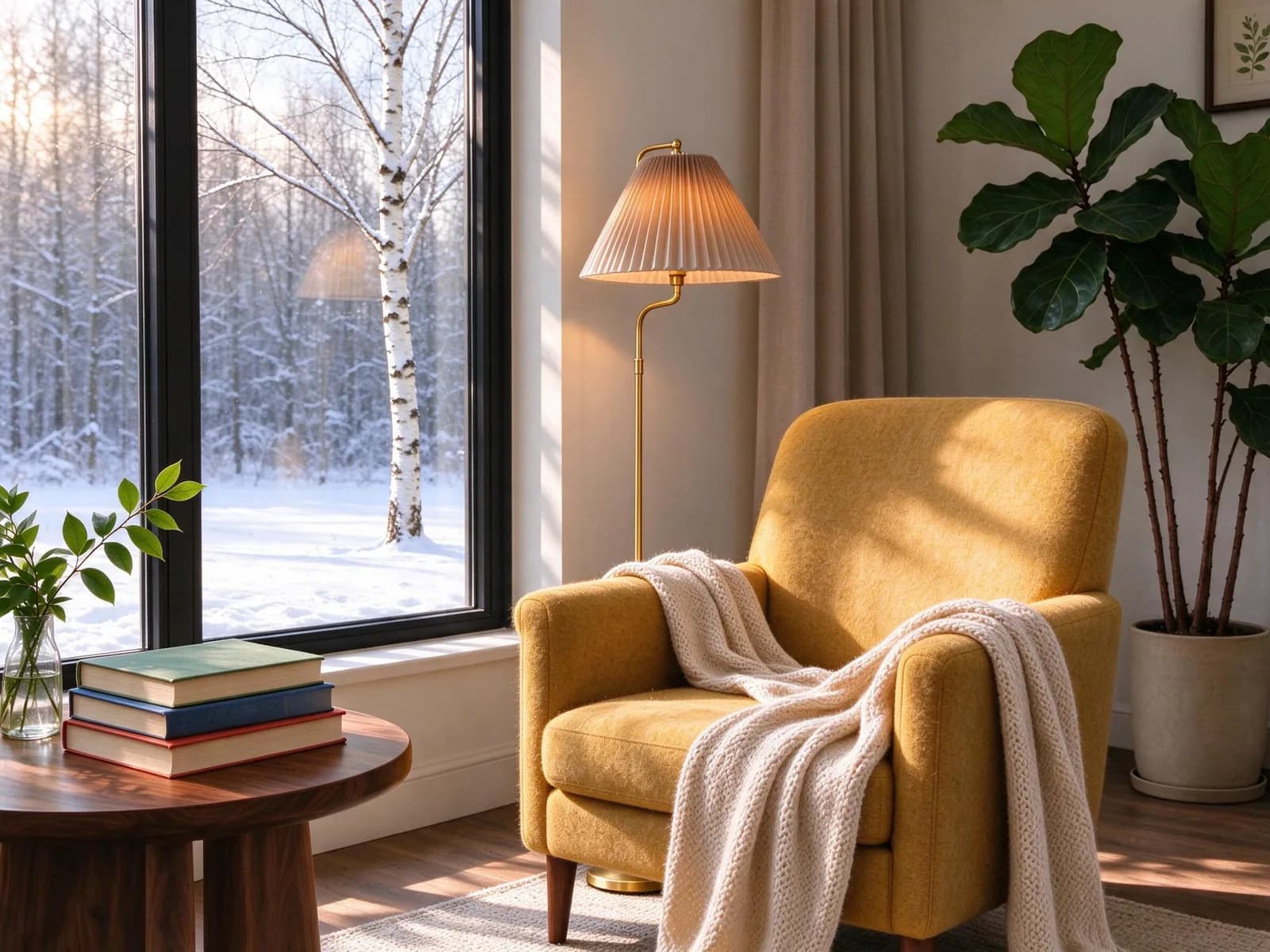 After: the same reading nook with a snowy winter view through the window