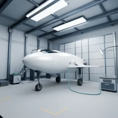 Written brief render — Text to 3D — GPT-6 Astra from a written brief: a compact uncrewed exploration spacecraft on three landing legs inside a maintenance hangar, with a gantry, equipment carts and a closed hangar door around it. Brushed metal and off-white ceramic panels, dark rubber, smoked glass, subtle wear, orange service panels, no people or readable text.