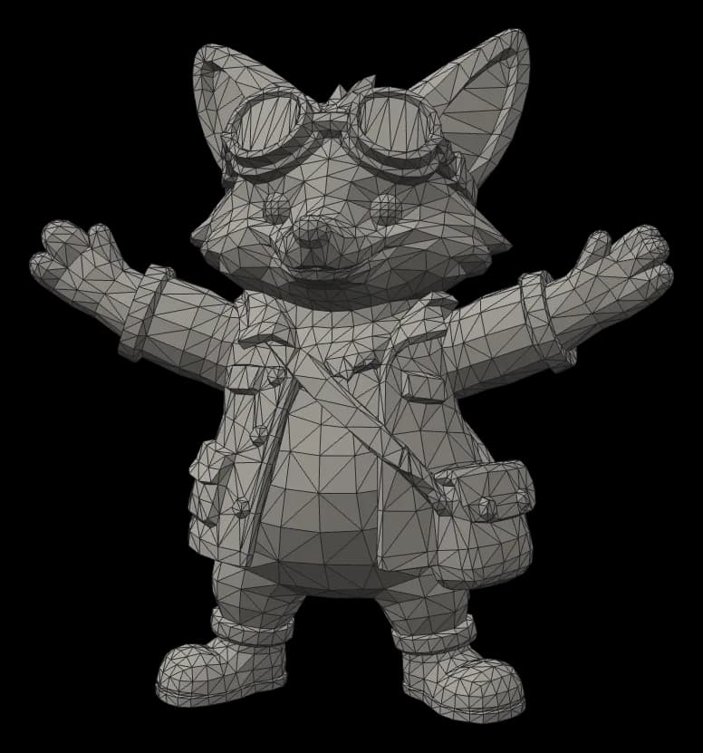 Wireframe of the Tripo P2 explorer fox showing every triangle