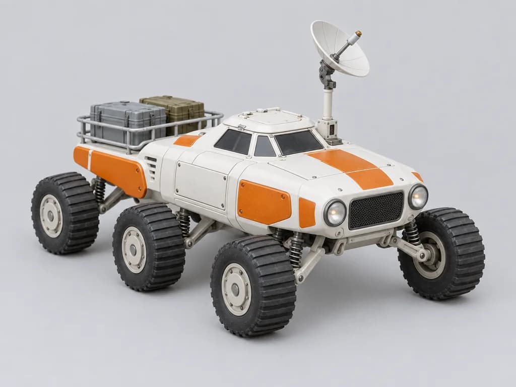 Source image of a white and orange six-wheeled lunar rover toy uploaded to Tripo P2